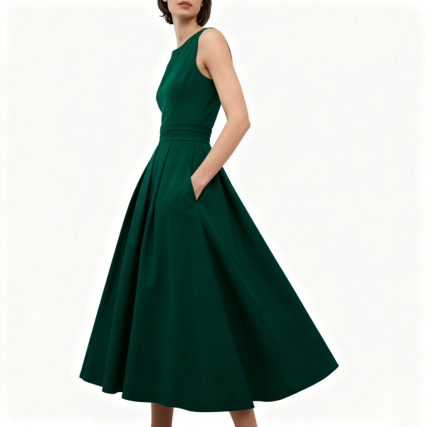 Emerald Green Sleeveless Midi Dress with Pleated Skirt