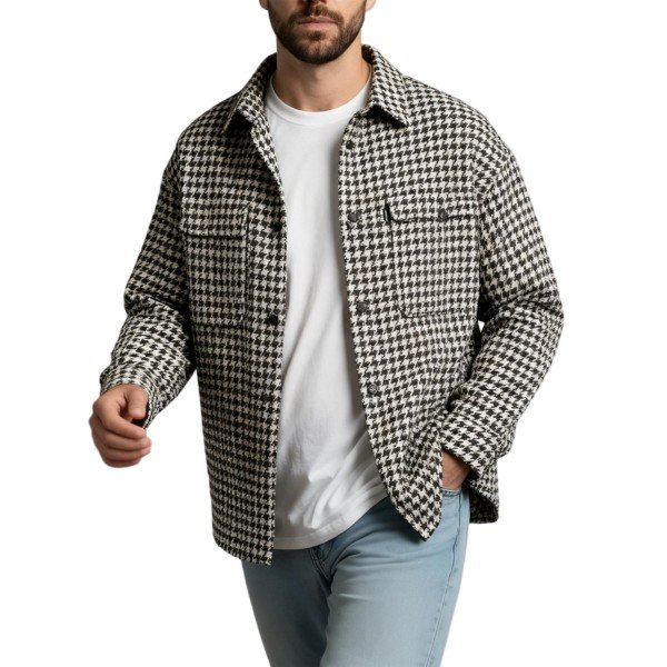 Black & White Houndstooth Oversized Long-Sleeve Button-Down Shirt