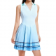 Light Blue Sleeveless Polo Collar Pleated Mini Dress with Striped Hem