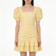 Women's Yellow Square Neck Puff Sleeve Ruched Mini Dress with Ruffle Hem