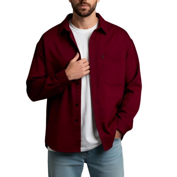 Burgundy Oversized Long-Sleeve Button-Down Shirt with Chest Pocket