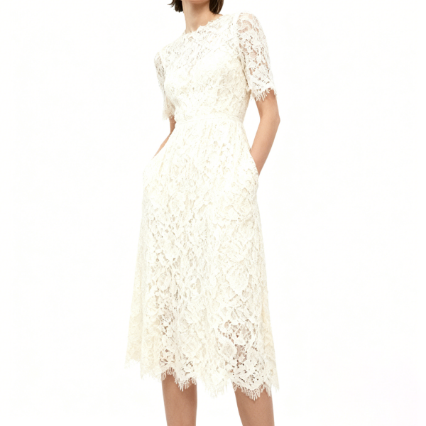 Ivory Lace Short-Sleeve Midi Dress