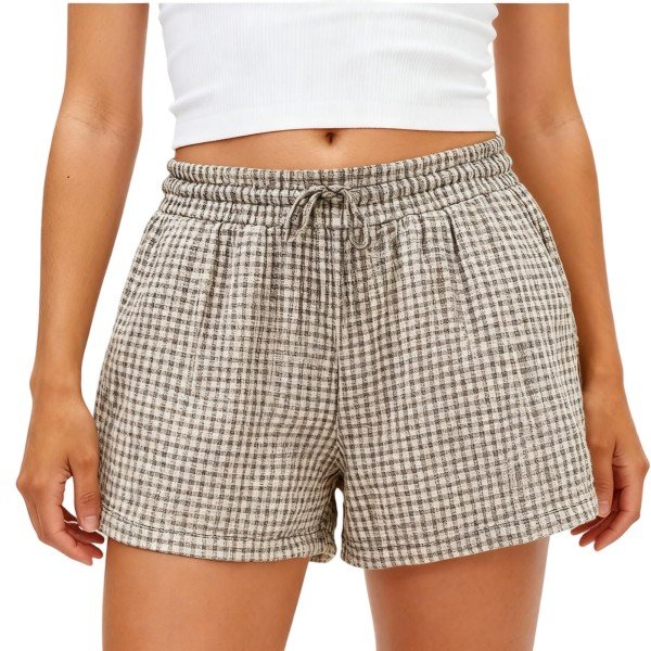 Beige & Brown Plaid Shorts with Drawstring Elastic Waist