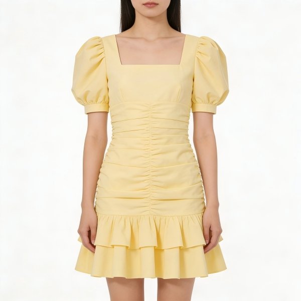 Women's Yellow Square Neck Puff Sleeve Ruched Mini Dress with Ruffle Hem
