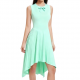 Mint Green Sleeveless Stand Collar High-Low Pleated Dress with Bow Detail